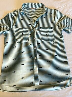 Striped Green Button-Down Shirt with Whale Print